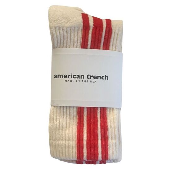 American Trench Red Vertical Nostalgic Stripe Crew Socks Unisex - Picture 2 of 6
